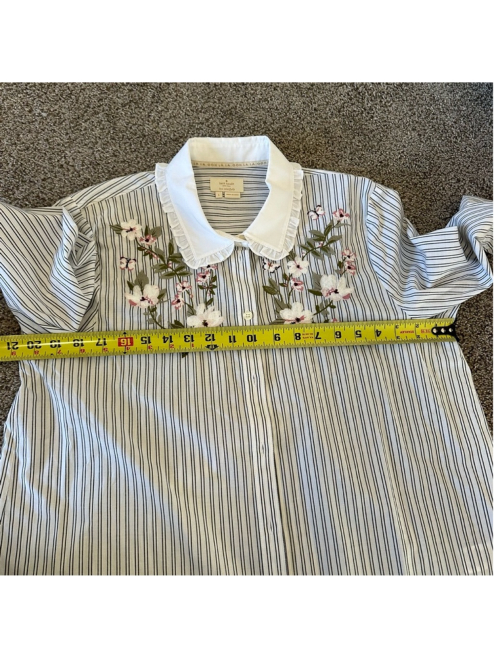 Kate Spade Embroidered Stripe Ruffle Top Size Large Botanical Ruffle Collar - Picture 11 of 11